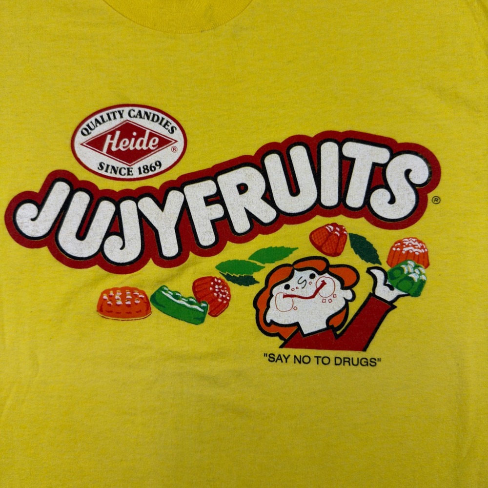 Vintage 80s Jujyfruits Say No To Drugs T Shirt XL Yellow Fruit of the Loom Best - Picture 2 of 8